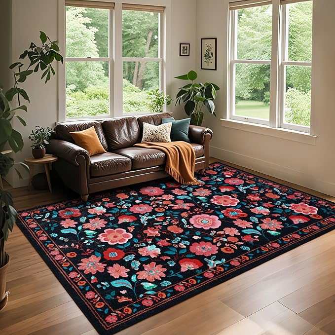 Living Room Rug 6x9 Rug, Machine Washable Area Rug Non Slip Low Pile Floral Rug for Living Room, Bedroom, Farmhouse, Dining Room, Kids Playroom, Black