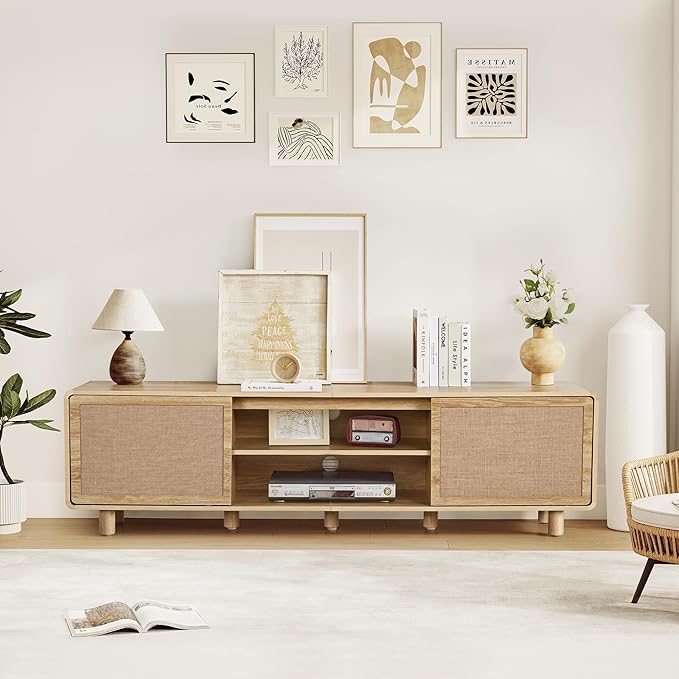 AVZEAR 70'' Large Modern TV Stand for TVs up to 80 Inch, Boho Entertainment Center with Storage & Nature Linen Door, Curved Wooden Media Console TV Consoles for Living Room Bedroom(Natural)