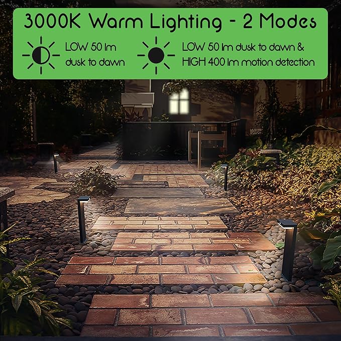 Solar Pathway Lights - Walkway Solar Lights for Outside - PIR Sensor & Two Lighting Modes - Rechargeable Battery Lasts Up to 55 Hours - 3000K - IP44 Weather Resistant - 2 Pack