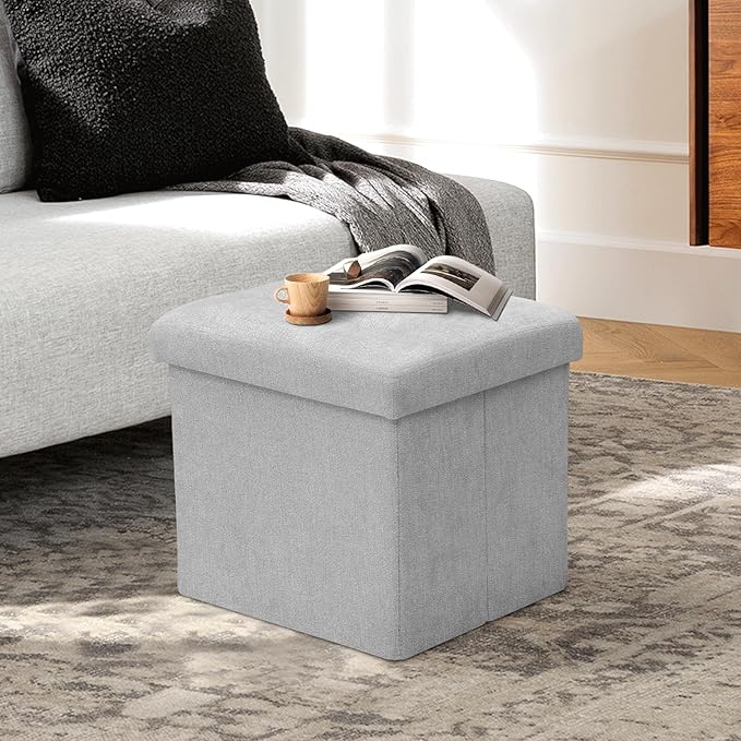 Athena Collection Line Square Ottoman with Storage, 15 Inch Small Storage Ottoman, Multipurpose Footstool Foot Rest for Living Room, Bedroom, Dorm, Light Grey
