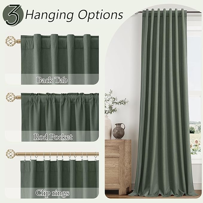 Guken Olive Green Blackout Curtains 84 Inch Length 2 Panels Set for Living Room Bedroom Back Tab Thermal Insulated 100% Black Out Linen Drapes Room Darkening Window Curtains 84 Inches Long