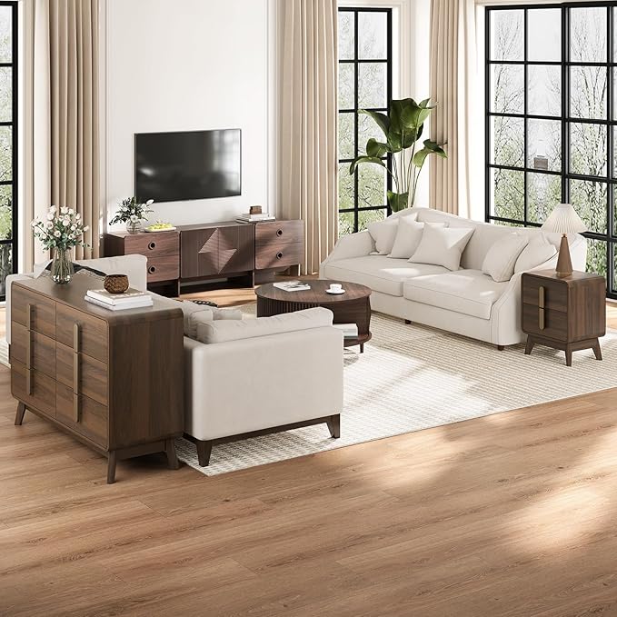 66" Fluted TV Stands for Living Room, Mid Century Modern TV Consoles for 75 inch TV, Entertainment Center with Storage, Media Console with Adjustment Shelf(Walnut)