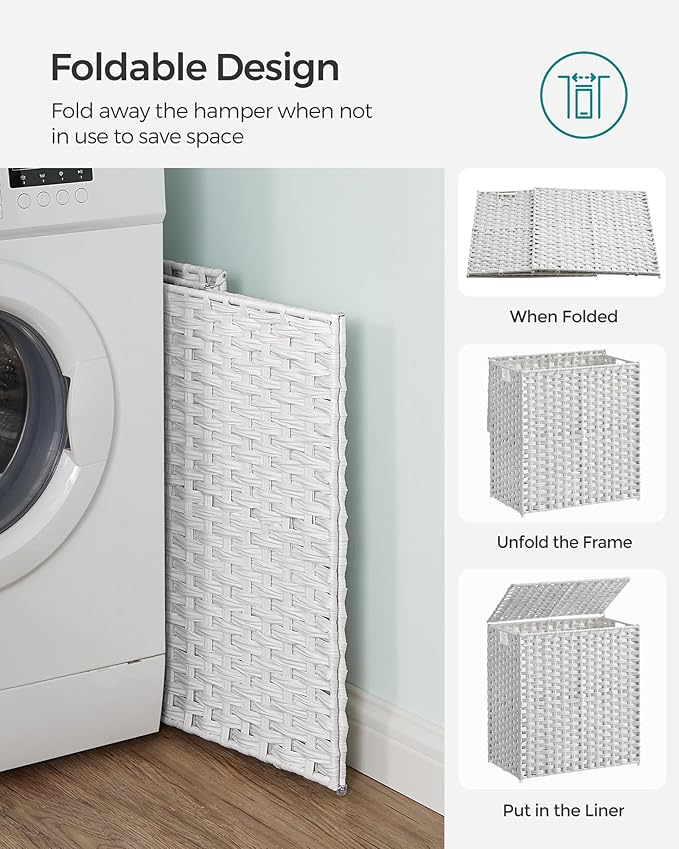 SONGMICS Laundry Hamper with Lid, 110L Clothes Hamper with 2 Removable Liner Bags, 6 Mesh Bags, Wicker Laundry Basket, Double Laundry Hamper for Laundry Room, 13 x 22.4 x 23.6 Inches, White ULCB52WT