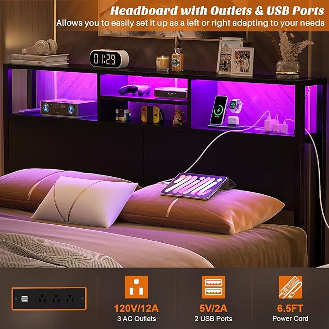 Aheaplus Headboard for Queen Size Bed with Storage, Headboards with Outlets, USB Ports and LED Light, Queen Size Head Board Only, Height Adjustable, Reversible, Sturdy and Stable Headboard, Black