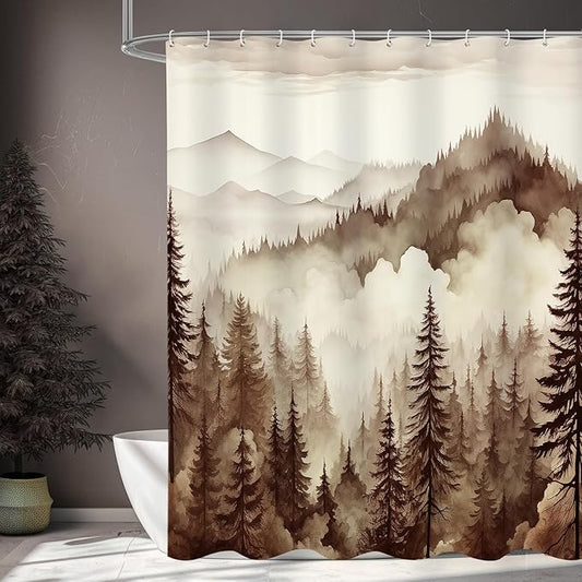 Brown Long Misty Pine Forest Shower Curtain 72 x 78, Tan Mountain Foggy Woodland Scenery Tree 78 Inch Long Shower Curtains for Bathroom, Abstract Waterproof Nature-Themed Decor