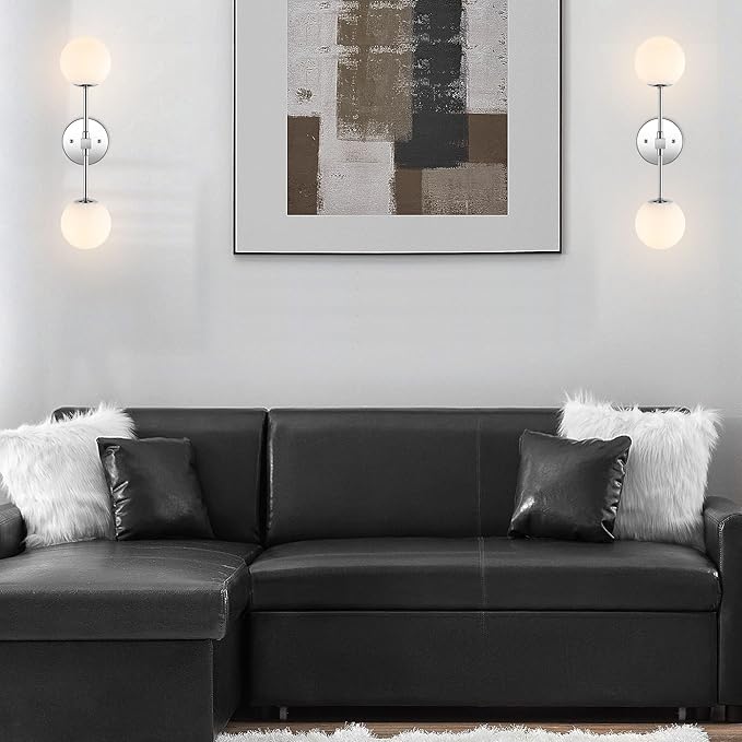 Modern Wall Sconce 2-Lights Industrial Mid Century Bathroom Vanity Wall Light with White Globe Glass Lampshade Brushed Chrome Finished Lighting Fixture (Chrome Color)