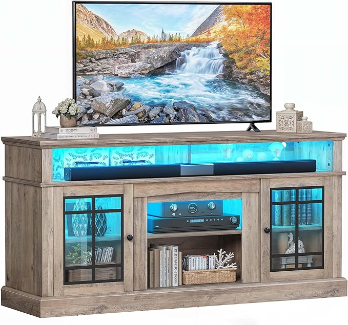 YITAHOME Modern TV Stand for 75 Inch TV, LED Entertainment Center with Adjustable Shelves and Glass Doors, 32'' Tall Television Stands TV Media Console Table for Living Room, Pine Grey