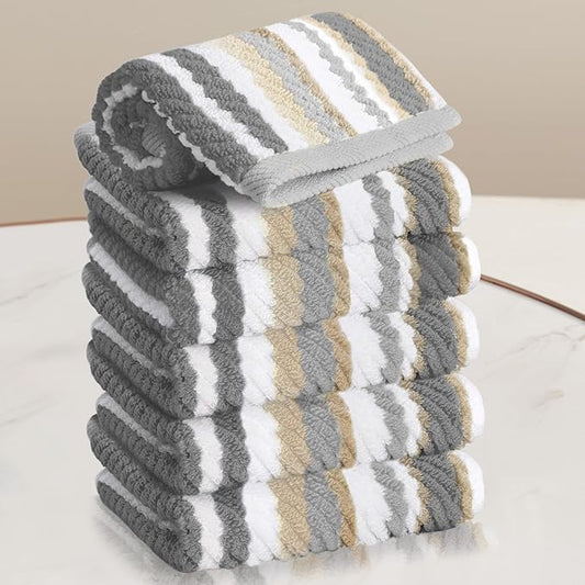 VOOVA & MOVAS Cotton Towels Set of 6, 6PC Striped Towels - 100% Cotton & Quick Dry - Lightweight Washcloth 13"x13", Soft Towel Set for Guest, Luxury Towel Gift, Gray + Beige