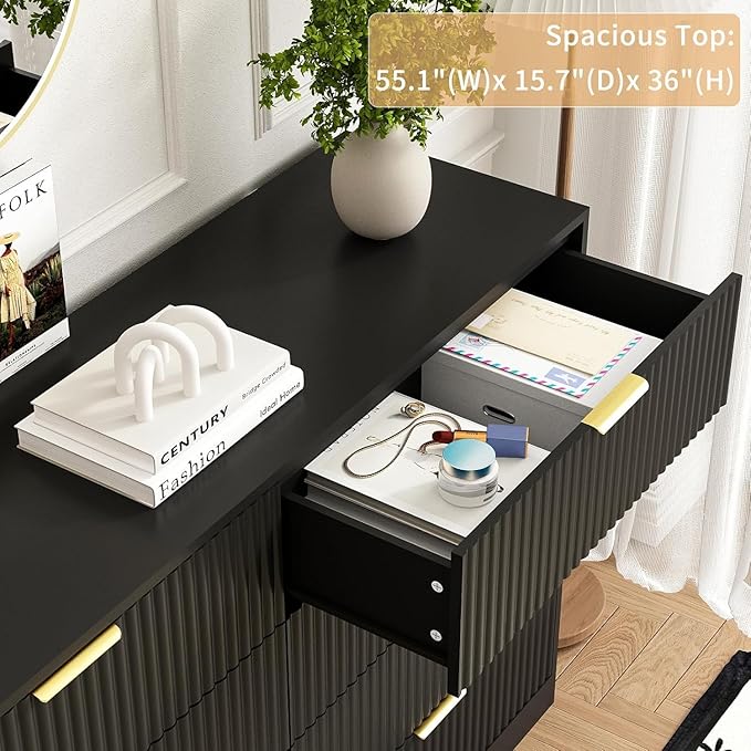 8 Drawer Dresser for Bedroom, Modern Fluted Double Dresser, 55" Wide Chest of Dressers, Wooden Beside Table for Closet, Living Room and Entryway, Black