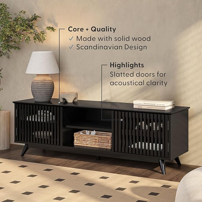 Plank+Beam Mid-Century Modern Wood TV Stand, Solid Wood Entertainment Console with Storage, 59" L x 16" W x 19" H, Black