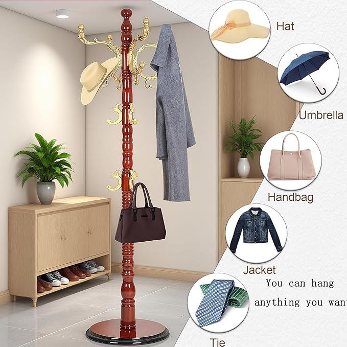 73”Vintage Wooden Coat Rack Freestanding With 14 Hooks and Sturdy Round Base。3-level Adjustable Vintage Wooden Coat Rack.Coat Rack Stand for Living Room Bedroom Office (Begonia)