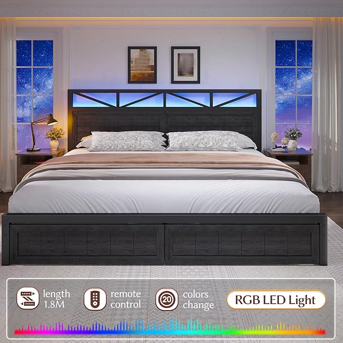 EnHomee Queen Size Bed Frame with 2 Storage Drawers and Headboard Built in Charging Station & LED Light,NO Noise,No Box Spring Needed,Black