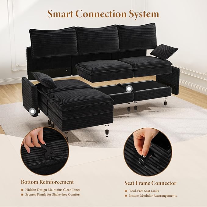 Vesgantti Large Modular Sectional Sofa, Big Comfy Cloud Couch with Ottoman Deep Seat Corduroy Cloud Sofa, 9 Seater Large Sectional Couches for Living Room, Bedroom and Apartment, Black