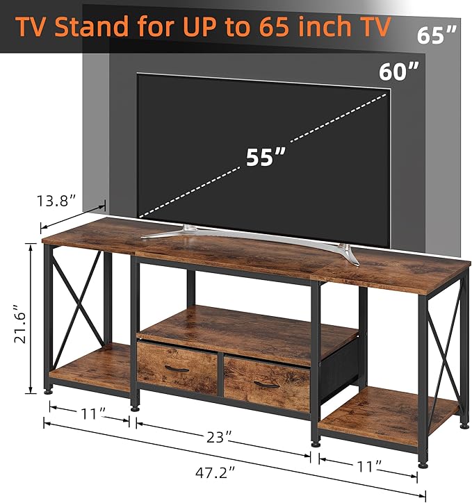 TV Stand with Fabric Drawer for 50 55 Inches TV - Entertainment Center and Industrial TV Console Table with Open Storage Shelves for Living Room, Bedroom - 47" Rustic Brown