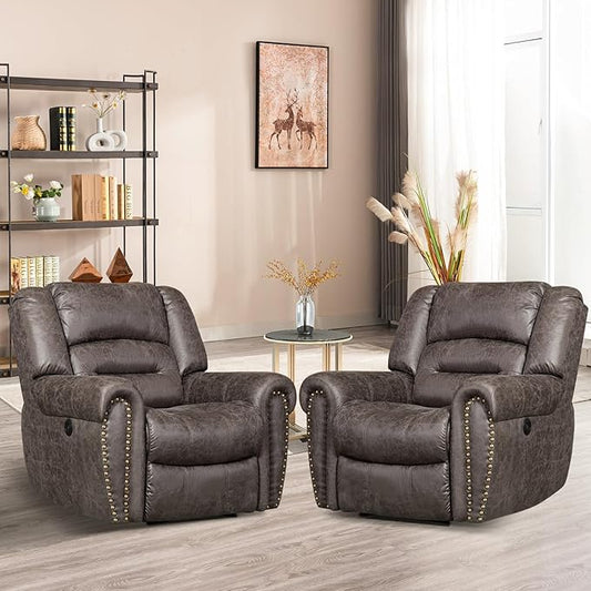 ANJ Electric Power Recliner Set of 2, Breathable Bonded Leather Reclining Chair Classic Home Theater Recliners Seating W/USB Port (Smoky Gray)