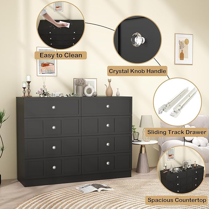 8 Drawer Dresser for Bedroom: 47" Fluted Black Dresser Deep Drawers, Modern Chest of Drawers for Bedroom, Fluted Wood Dressers for Living Room, Hallway