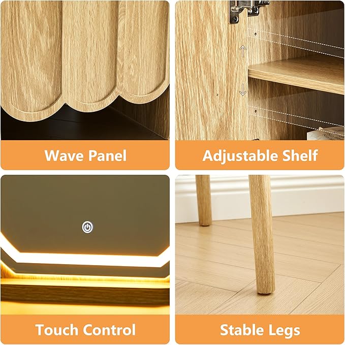 ORRD Vanity Desk with Mirror and Lights, Modern Wood Wave Panel Vanity Desk Set Makeup Table with Drawers and Cabinet, Dressing Table with Storage for Bedroom, Natural