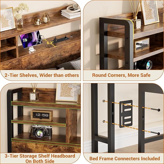 Aheaplus Headboard for King Size Bed with Storage, Headboards with LED Light, Power Outlets, USB Ports King Size Head Board, Wood headboard Only Sturdy and Stable Headboards, Modern, Rustic Brown