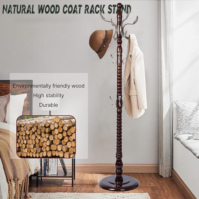 73" Wooden Coat Rack Stand,Coat Racks Freestanding With 14 Hooks And Solid Round Base Heavy Duty Adjustable Height Hall Tree Coat Rack for Entryway Hallway Foyer Office Bedroomf (Mahogany metal)