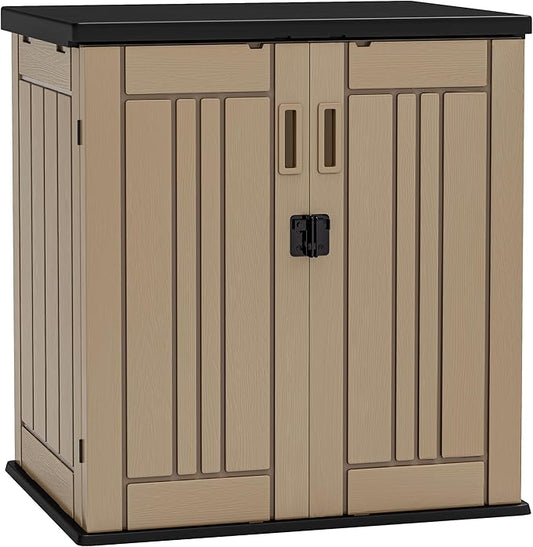 YITAHOME Outdoor Storage Cabinet with 2 Shelves, Waterproof Resin Horizontal Tool Shed, Lockable 15 cu. ft. Storage Shed for Patio, Garden, Yard, Brown