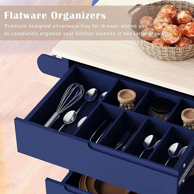 Rolling Mobile Kitchen Island Cart Breakfast Bar with Spice & Towel Rack, 8 Drawers and 5 Wheels for Dining Room