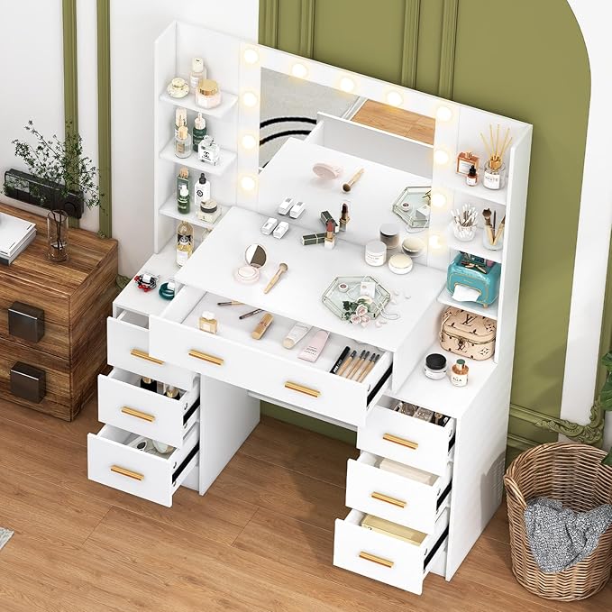 Vanity Desk with Mirror and Lights, Big Makeup Vanity Table Set with Drawers, White Vanity with Lighted Mirror for Bedroom, Dressing Table for Teen Girls and Adult Women, Gold