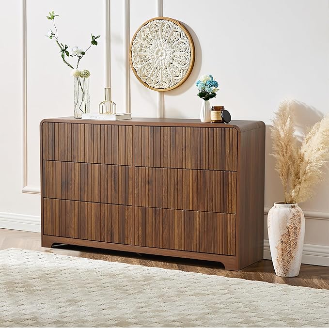 Fluted 6 Drawers Dresser for Bedroom, 53" Wide Mid Century Modern Chest of Drawers with Curved Profile Design, Large Wood Double Dresser for Living Room (Walnut)