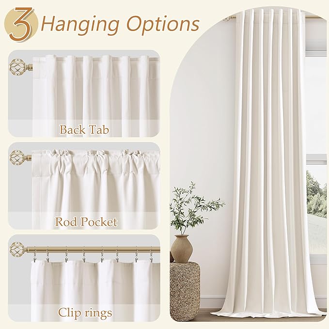 Guken Ivory Linen Blackout Curtains 63 Inch Length 2 Panels Set for Living Room Bedroom Back Tab Thermal Insulated 100% Black Out Linen Drapes Room Darkening Window Curtains 63 Inches Long