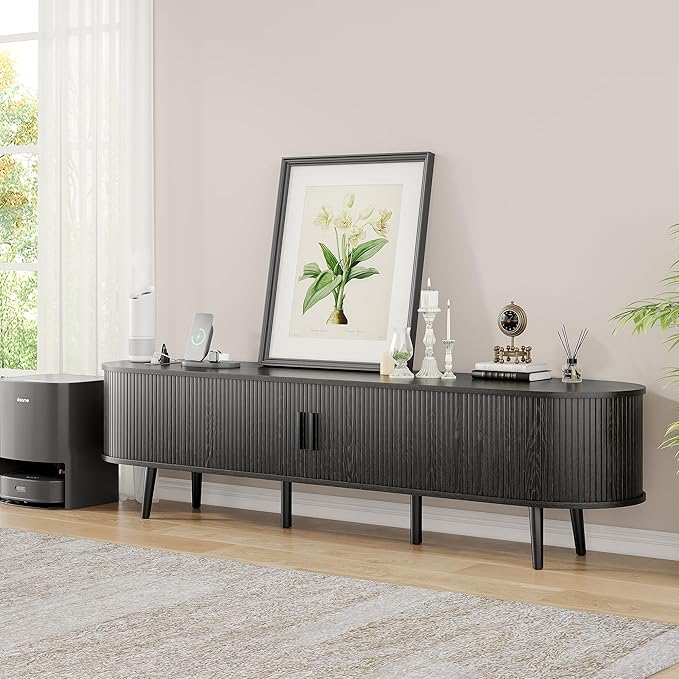 Alohappy 69" Mid Century Modern TV Stand with Charging Station, Farmhouse Curved Edge TV and Media Console Table with Drawer and Shelf, Fluted Entertainment Center for Living Room, Bedroom, Black