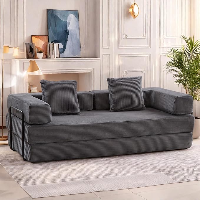 Convertible Sofa Bed, Compression Futon Sofa with Pillows & Armrest, Foldable Mattress Couch with Fixed-Shape Frame, Comfy Couch Lounge Sleeper Bed for Living Room Bedroom, Dark Gray