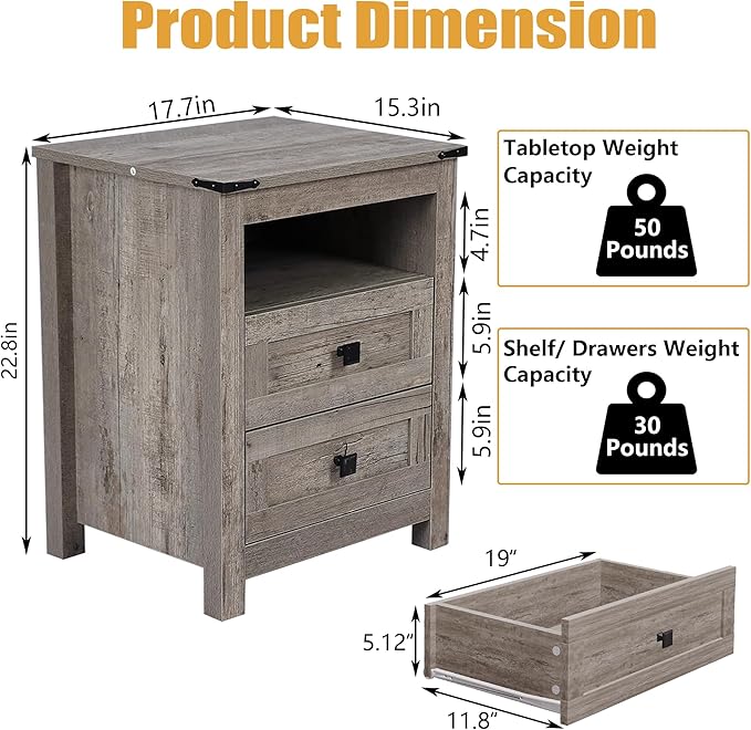 Wood 6 Drawer Dresser & 2 Nightstand Set for Bedroom, Wide Drawer with Farmhouse Handle for Bed Room, Hallway, Rustic Grey