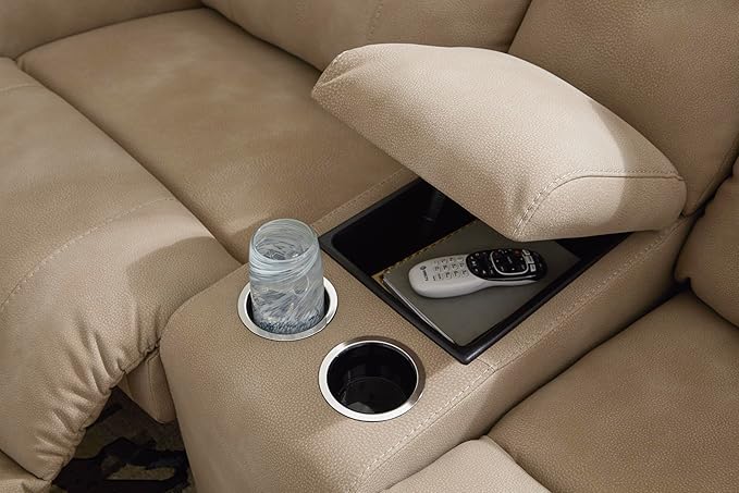 Signature Design by Ashley Next-Gen DuraPella Contemporary Faux Leather Modular Wall Hugger 3-Piece Power Reclining Sectional Loveseat with Console, Adjustable Headrest and USB Ports, Light Brown