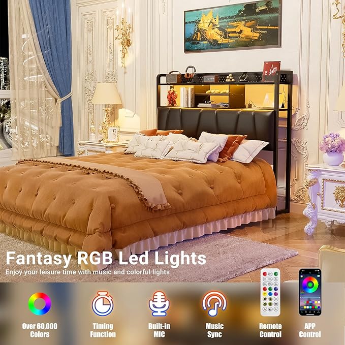 Unikito Headboard for Full Size Bed Frame, Upholstered Head Board with Outlets, USB Ports and LED Light, Comfortable Leather Headboards with Storage Shelf, Sturdy Full Bed Headboard Only, Black