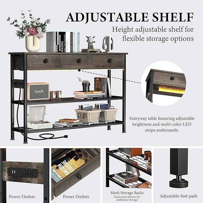 47" Entryway Table with Outlets: Console Table with Storage Shelves, USB Ports, LED Light Strip, and 3 Wood Drawers for Sofa, Living Room, Hallway, Foyer, Couch, TV and Aquarium Stand