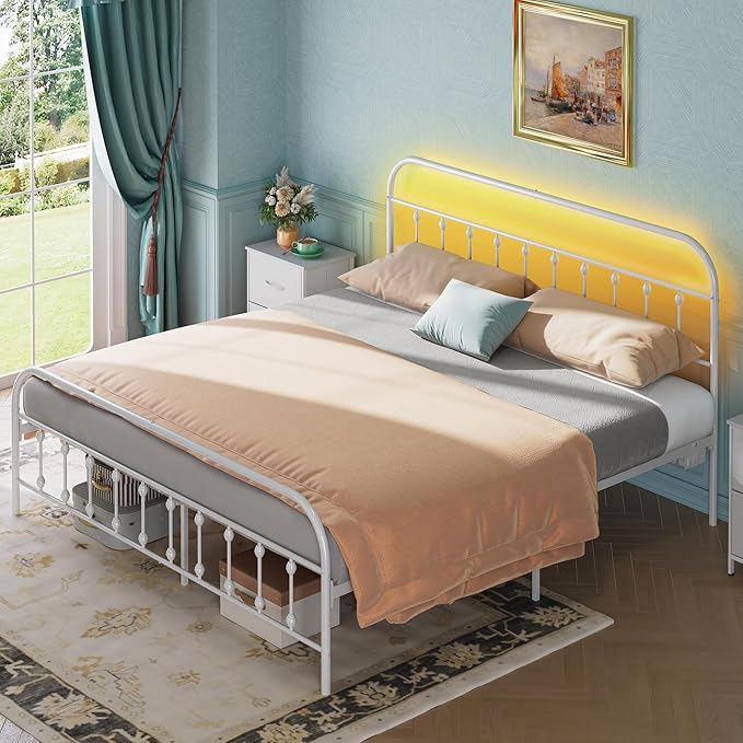 WLIVE Bed Frame King Size, King Size Bed Frame with Storage and Headboard, King Bed Frames with LED Lights and Charging Station, White