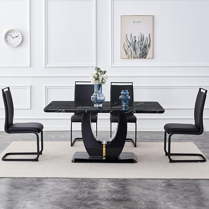Dining Table Set for 6, Kitchen Table Chairs Set of 6, Modern Dining Room Set with 63 inch Marble Dinner Table PU Leather Upholstered Chairs for Dining Room Kitchen