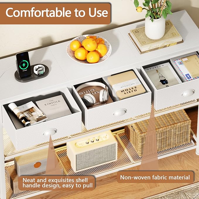 Furologee 38in Console Table with 3 Drawers, Small Sofa Table with Lights and Power Outlets, Hallway Tables with 3-Tier Shelves, White Narrow Console Table for Entryway, Living Room, Couch, Foyer