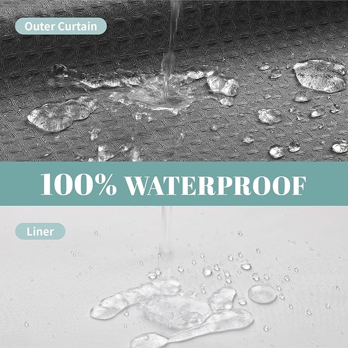 Grey No Hook Waffle Weave Shower Curtain with snap-in Liner Replacement, 230GSM Waterproof Fabric Hotel Shower Curtain Set for Bathroom, Through Mesh Top Window,60Wx74H