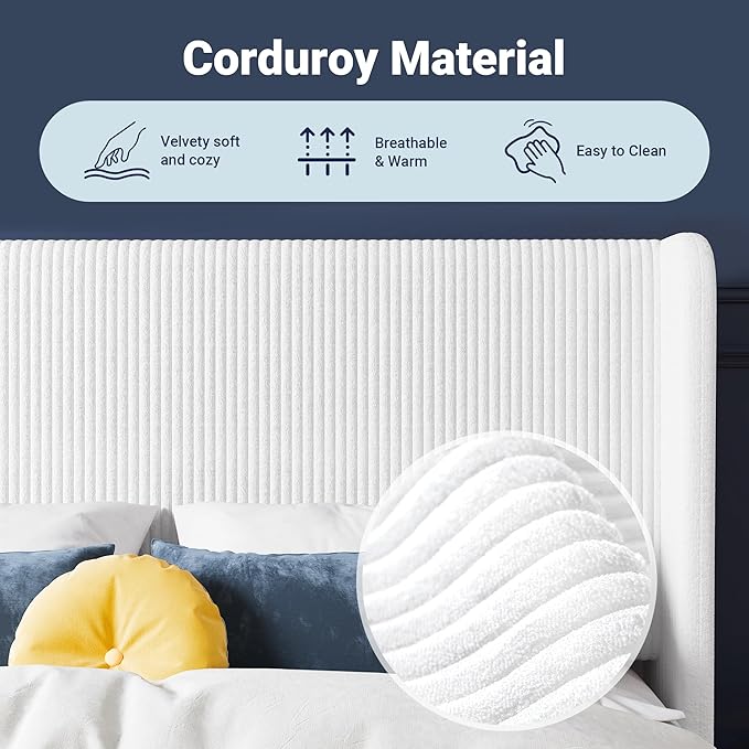 Allewie Full Size Bed Frame with Upholstered Wingback Headboard, Vertical Channel Tufted Corduroy Velvet Platform Bed, Strong Wooden Slats Support, No Box Spring Needed, Easy Assembly, Sturdy, White