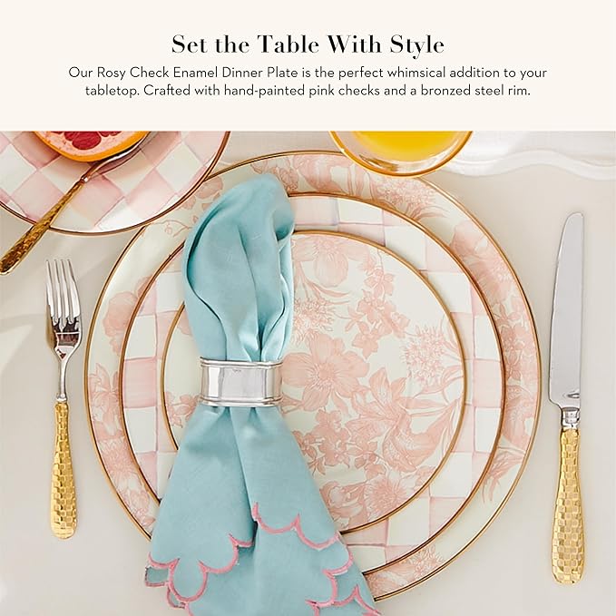 MACKENZIE-CHILDS Enamel Dinner Plate, Decorative Dinnerware Plate, 10 Inches, Set of 1, Pink-and-White Rosy Check