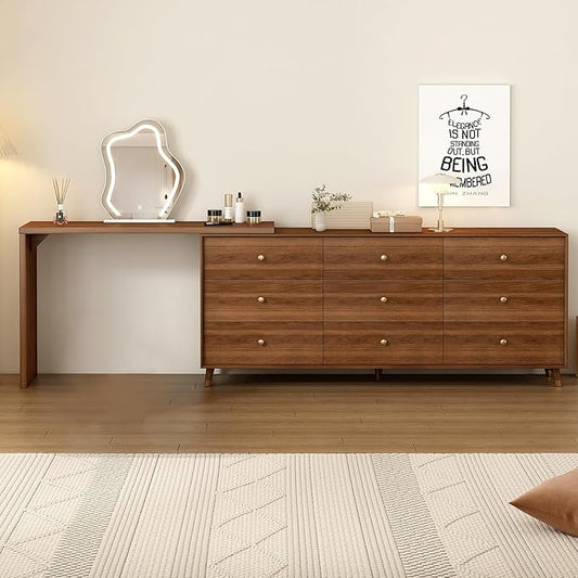 Makeup Vanity Desk with Cloud HD Lighted Mirror, 70-110in Extendable Modern Vanity Table, 6-Drawer Solid Wood Frame Storage Cabinet, Dressing Table for Bedroom, Brown
