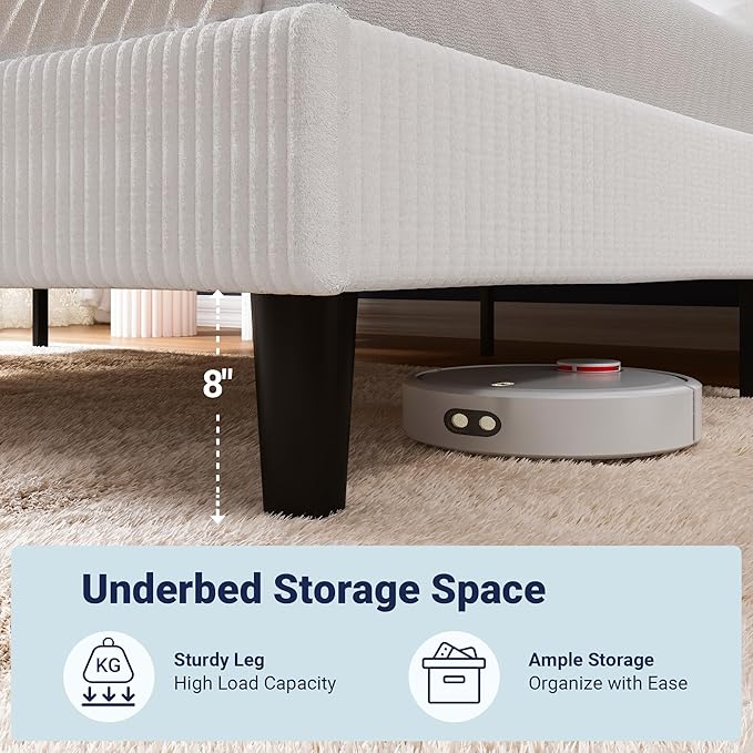 Allewie Full Size Bed Frame with Upholstered Wingback Headboard, Vertical Channel Tufted Corduroy Velvet Platform Bed, Strong Wooden Slats Support, No Box Spring Needed, Easy Assembly, Sturdy, White