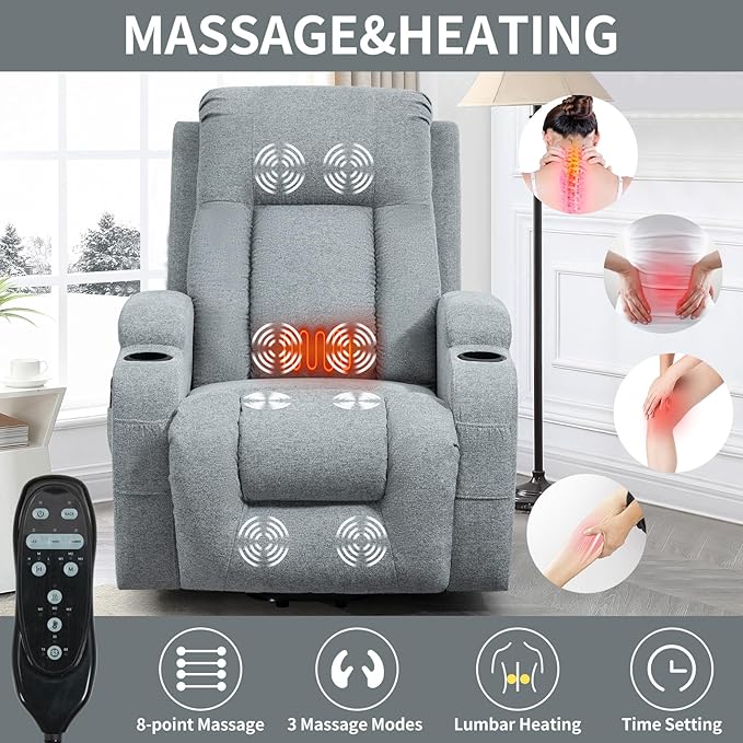 PELUMY Power Lift Recliner Chair for Elderly with Massage & Heat - Heavy Duty Electric Lift Chair, Oversized Recliner, Lay Flat, 8-Point Vibration, Lumbar Heating, USB Port, Cup Holders (Grey)