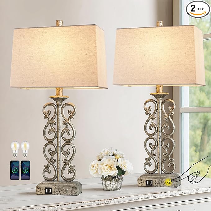 25" Set of 2 Farmhouse Touch Resin Table Lamps with 2 USB Ports, 3-Way Dimmable Rustic Vintage Nightstand Industrial Table Lamp for Bedroom Living Room Dorm, 2 Bulbs Included
