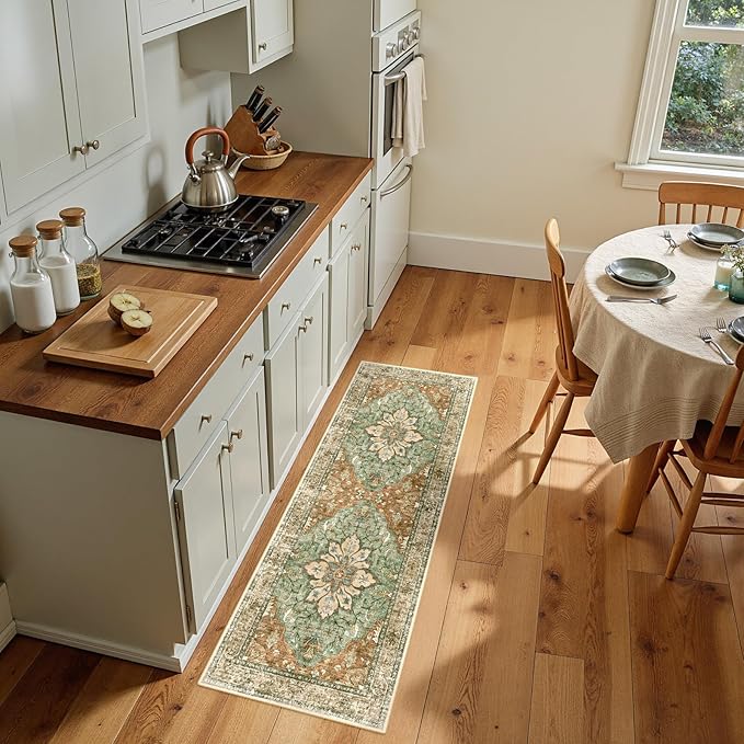 Area Rugs 2'x5' Washable Non-Slip, Floral Vintage Distress Print Pattern Medallion Carpet for Living Room Bedroom Dining Room, Brick Red Rust Neutral Brown Burnt Orange Green