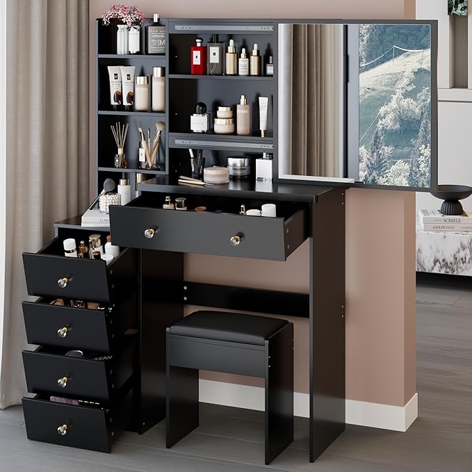 37" Vanity Desk with Mirror, Makeup Table with Sliding Mirror, Dressing Table with Multi Layer High Capacity Storage, Vanity Set with Drawers and Stool for Bedroom, Black