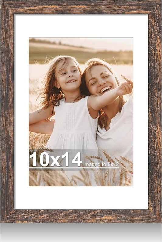 10x14 Picture Frame with Real Glass - 8x12 Wooden Frame with Mat, Horizontal and Vertical Display for Wall or Tabletop (Rustic Brown, 1 Pack)