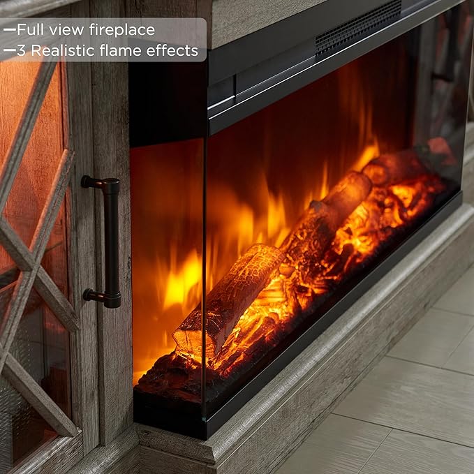 OKD 70'' TV Stand with 36'' Electric Fireplace, Media Entertainment Center for TVs Up to 80'', Modern Farmhouse 3-Sided Glass TV Stand with 3 Color Lights & 5 Flame Speeds, Light Rustic Oak