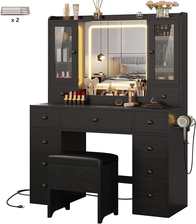 IRONCK Vanity Desk with LED Lights Mirror and Charging Station, Makeup Vanity Table with Jewelry Armoire, Storage Bench, and 11 Drawers,Black