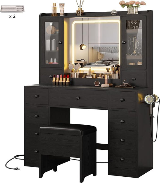 IRONCK Vanity Desk with LED Lights Mirror and Charging Station, Makeup Vanity Table with Jewelry Armoire, Storage Bench, and 11 Drawers,Black
